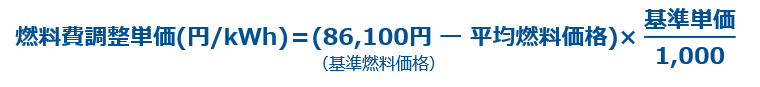 燃料費調整単価(円/kWh)=(44,200円 (基準燃料価格) ー 平均燃料価格)× 基準単価 / 1,000